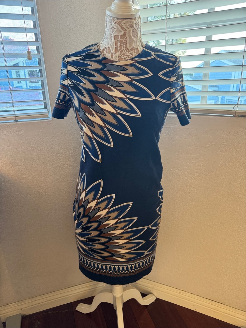Tory Burch Navy Blue Short Sleeve Geometric Petal Dress